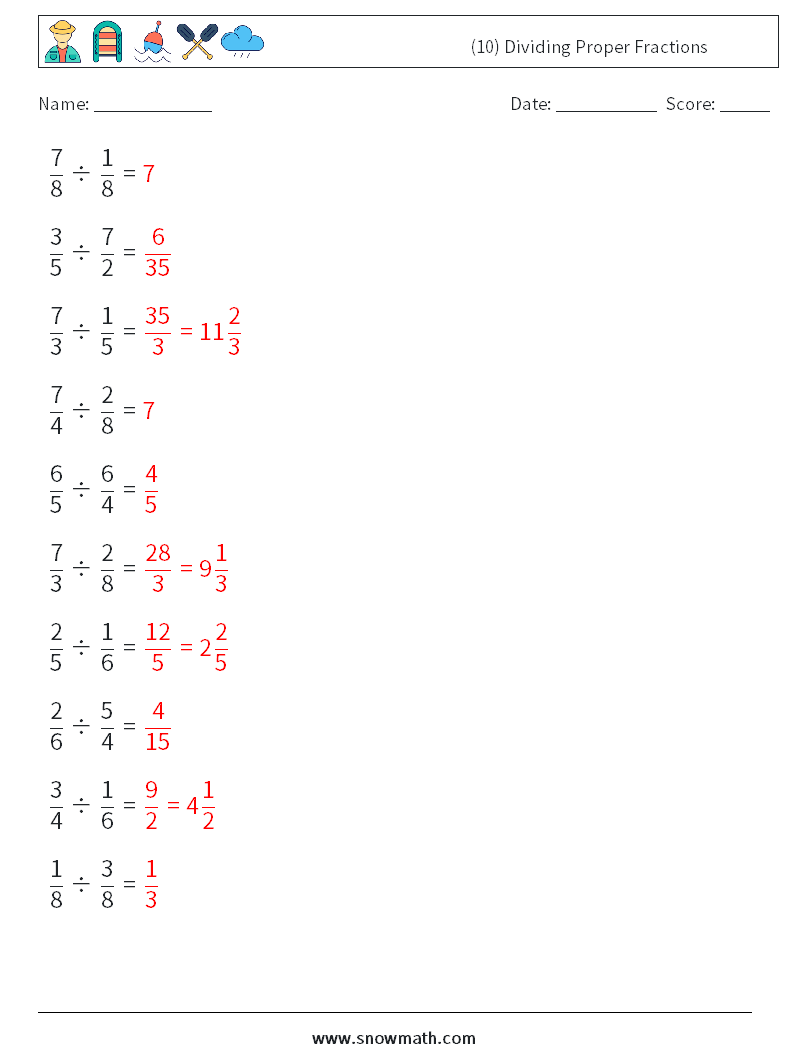 (10) Dividing Proper Fractions Maths Worksheets 11 Question, Answer