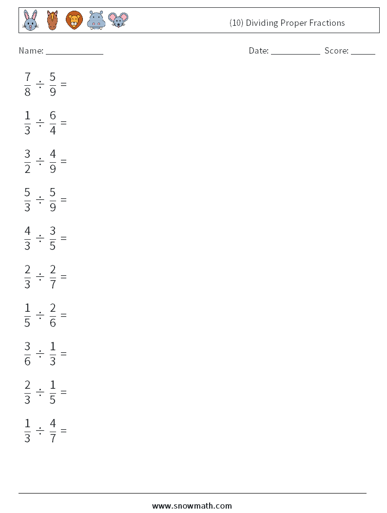 (10) Dividing Proper Fractions Maths Worksheets 12