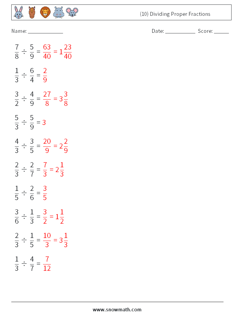 (10) Dividing Proper Fractions Maths Worksheets 12 Question, Answer