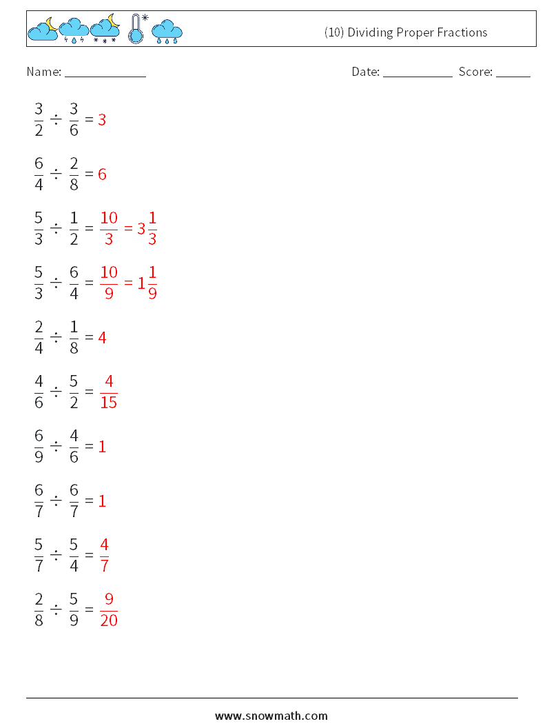 (10) Dividing Proper Fractions Maths Worksheets 13 Question, Answer