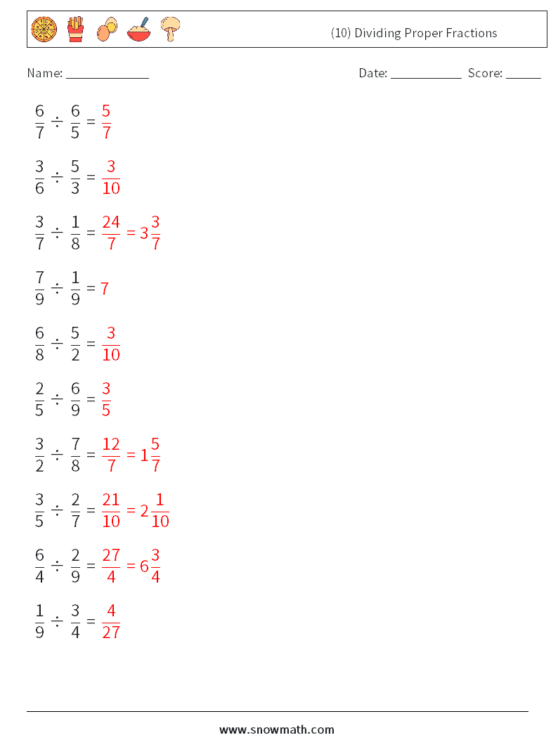 (10) Dividing Proper Fractions Maths Worksheets 14 Question, Answer