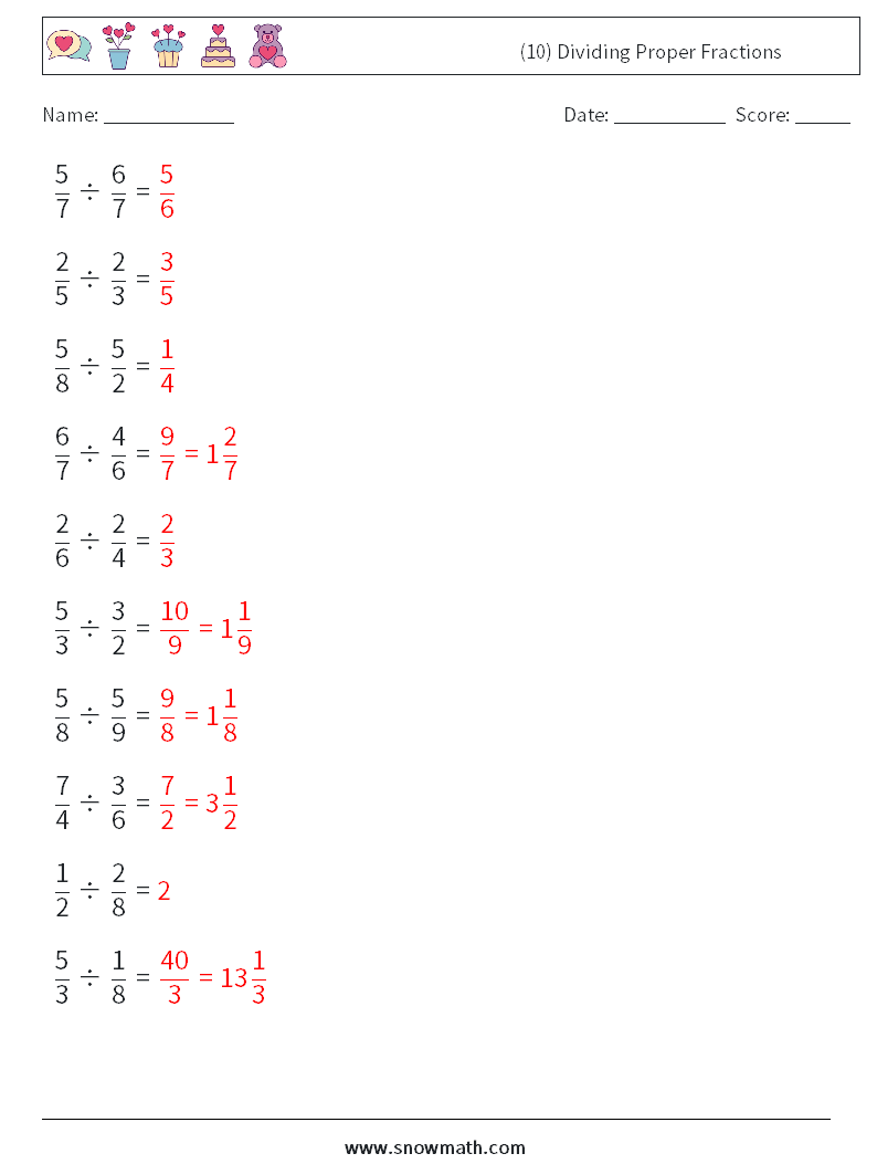 (10) Dividing Proper Fractions Maths Worksheets 15 Question, Answer