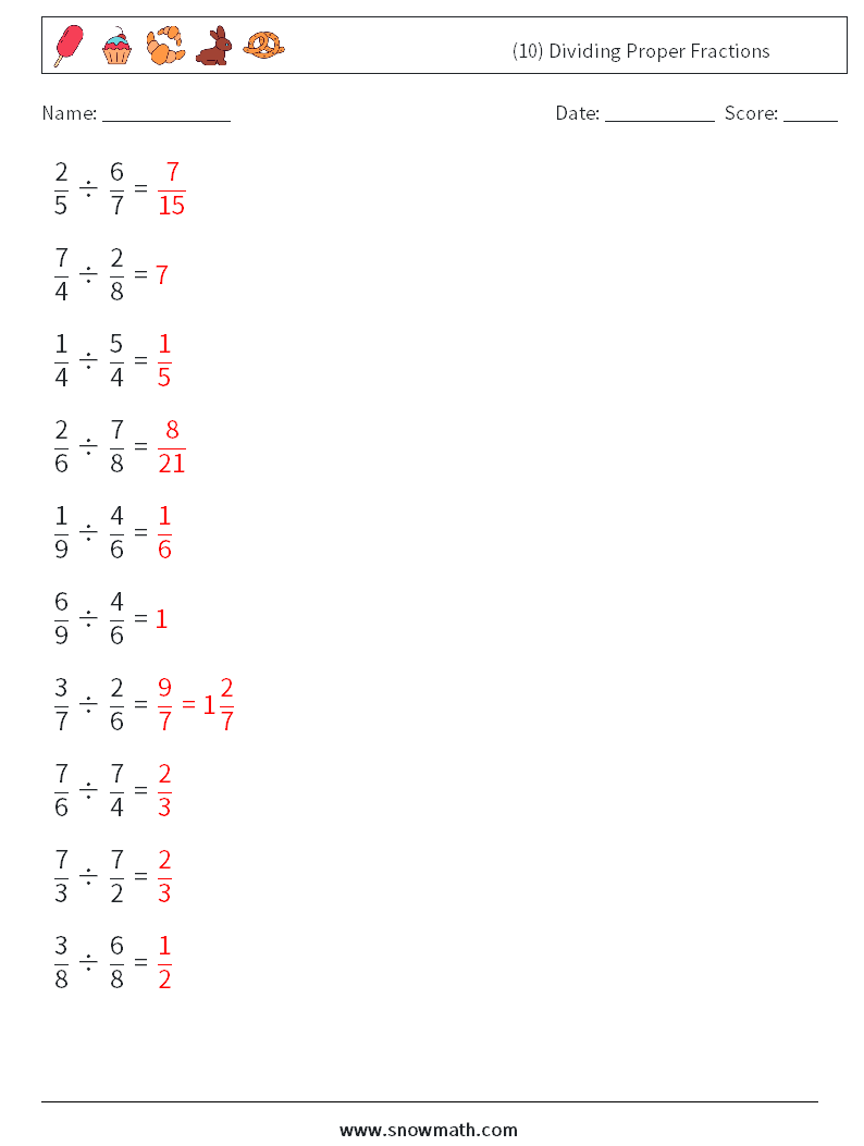 (10) Dividing Proper Fractions Maths Worksheets 17 Question, Answer