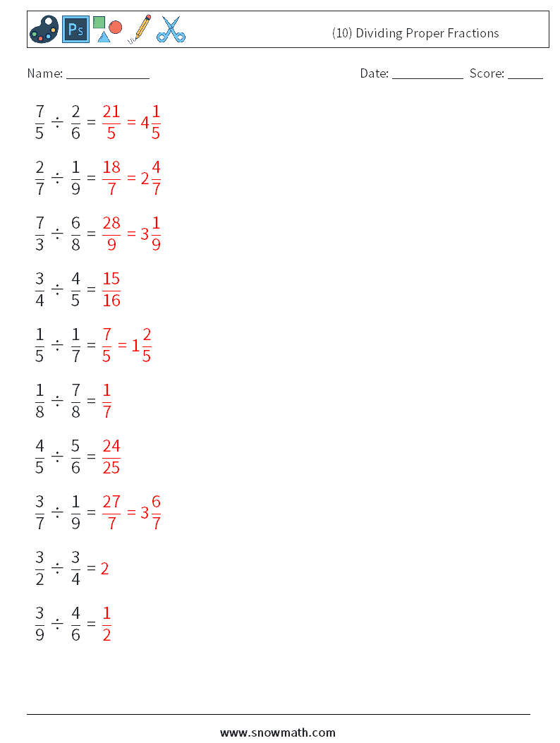 (10) Dividing Proper Fractions Maths Worksheets 18 Question, Answer