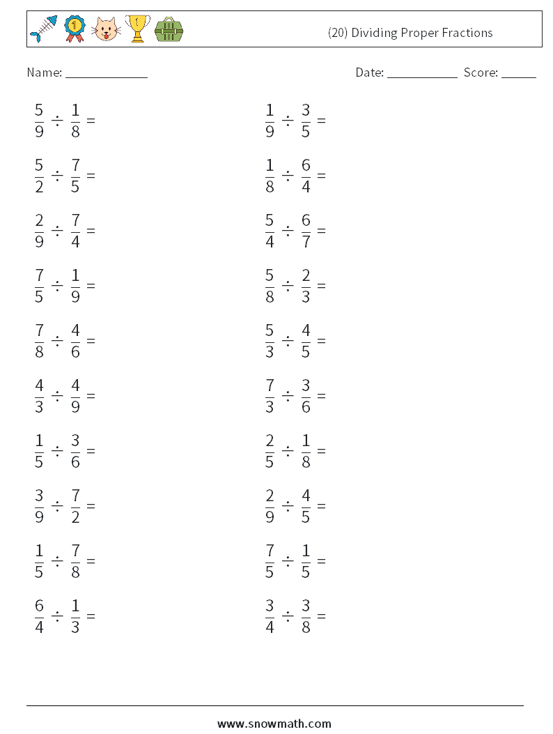 (20) Dividing Proper Fractions Maths Worksheets 11