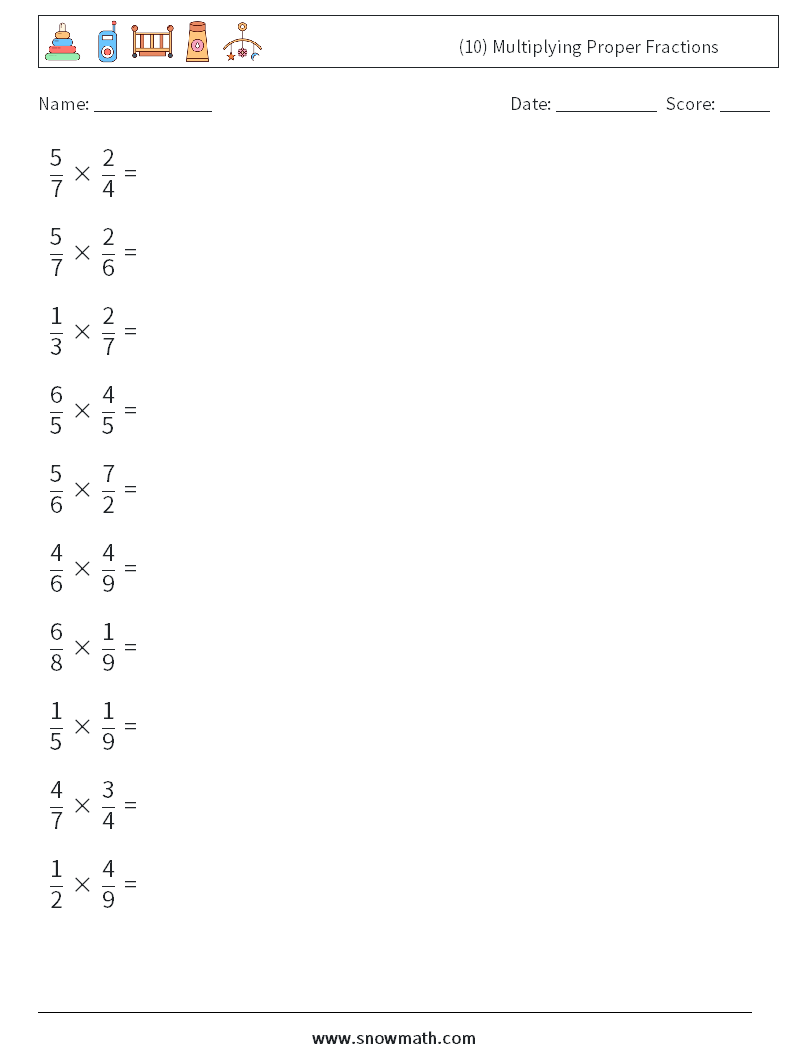 (10) Multiplying Proper Fractions Maths Worksheets 1