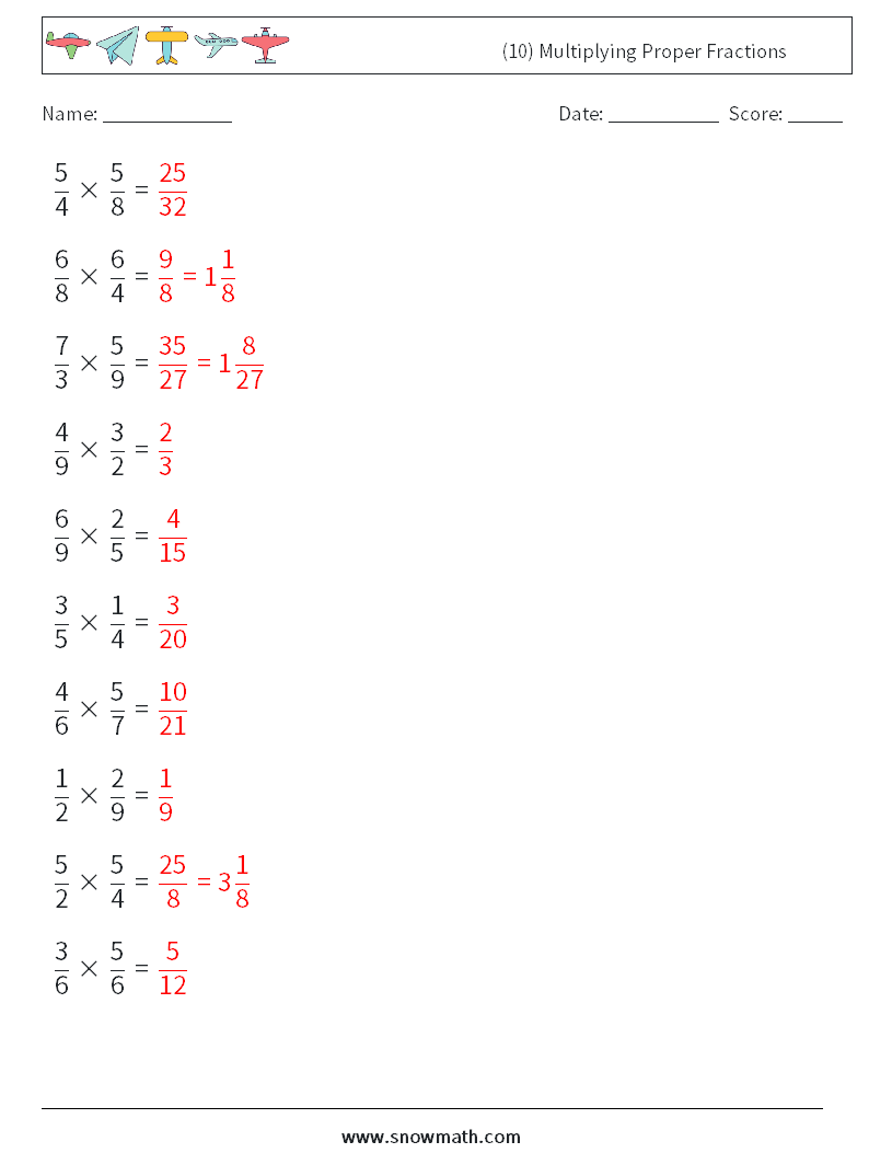 (10) Multiplying Proper Fractions Maths Worksheets 10 Question, Answer