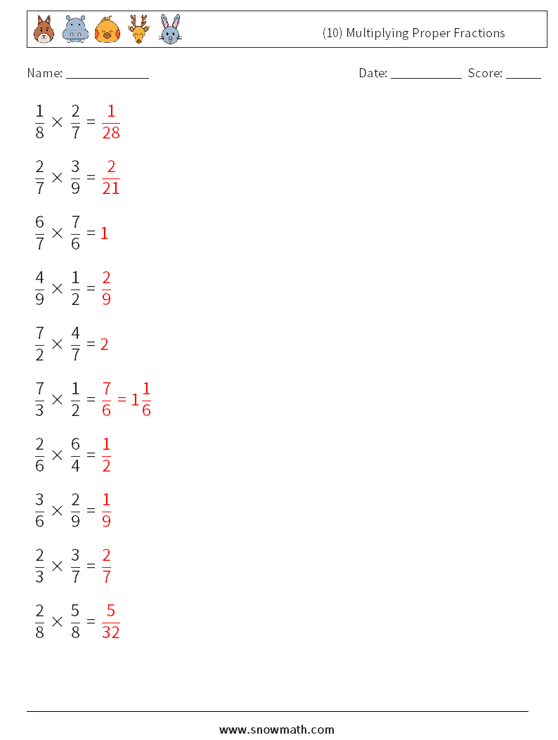(10) Multiplying Proper Fractions Maths Worksheets 11 Question, Answer
