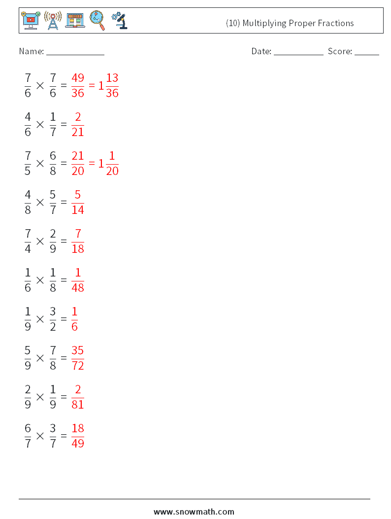 (10) Multiplying Proper Fractions Maths Worksheets 12 Question, Answer