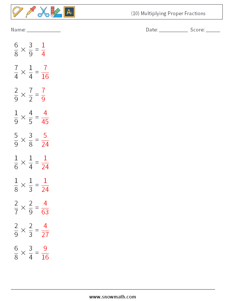(10) Multiplying Proper Fractions Maths Worksheets 13 Question, Answer
