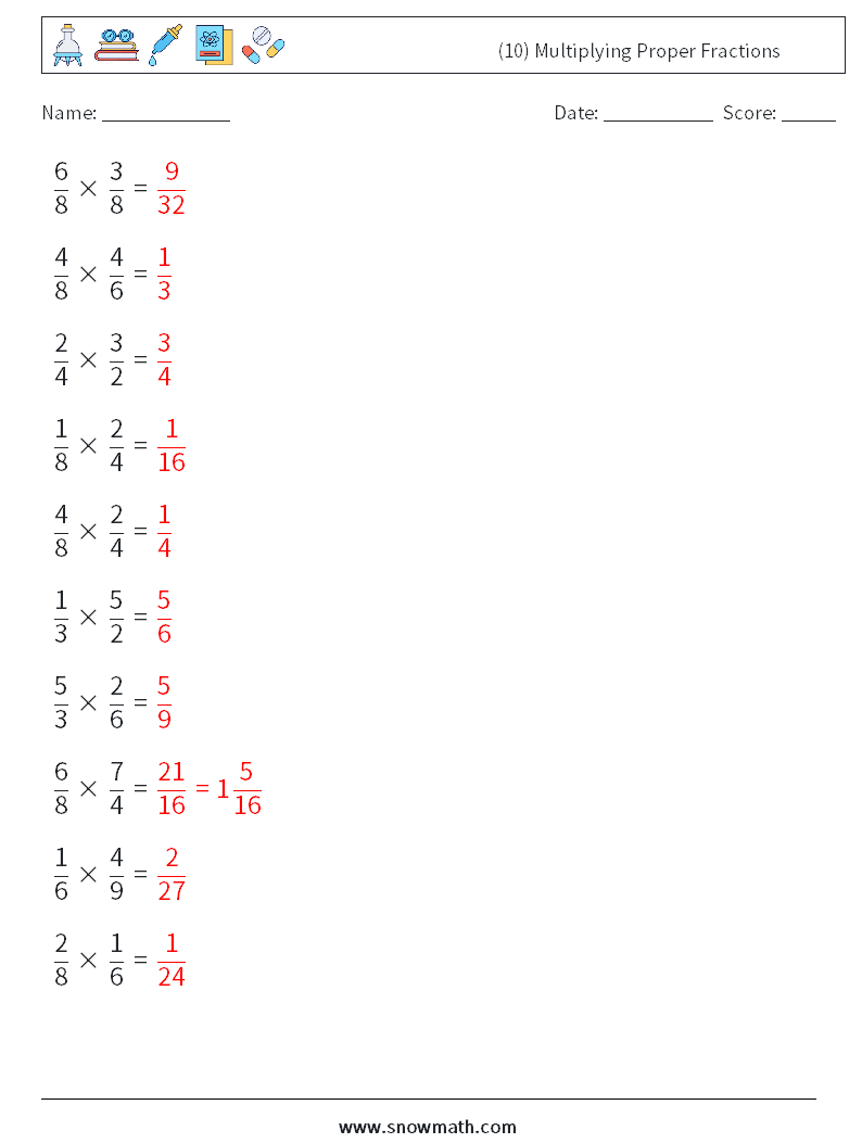 (10) Multiplying Proper Fractions Maths Worksheets 14 Question, Answer