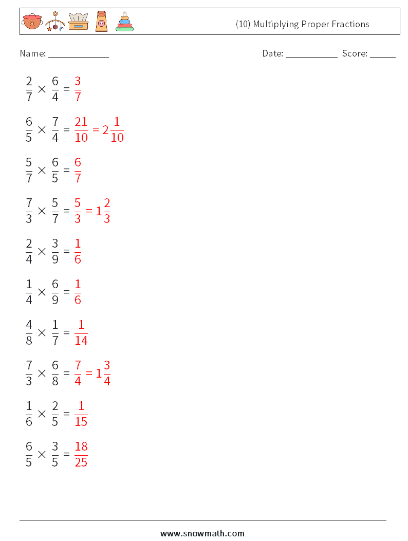 (10) Multiplying Proper Fractions Maths Worksheets 16 Question, Answer
