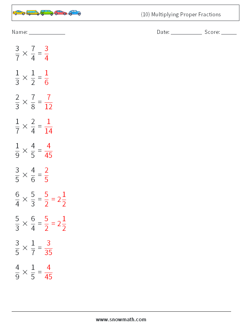 (10) Multiplying Proper Fractions Maths Worksheets 3 Question, Answer