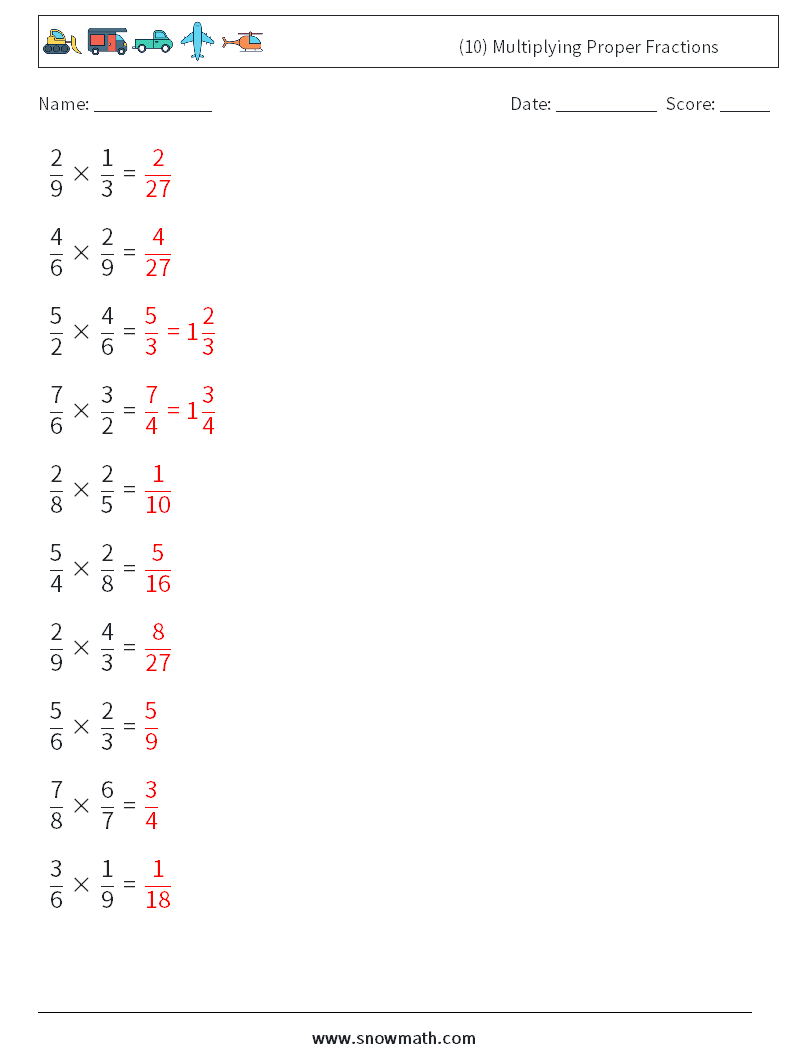 (10) Multiplying Proper Fractions Maths Worksheets 4 Question, Answer