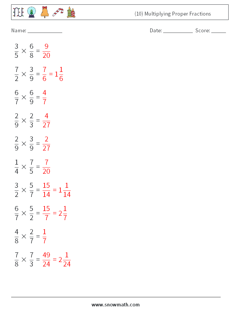 (10) Multiplying Proper Fractions Maths Worksheets 5 Question, Answer