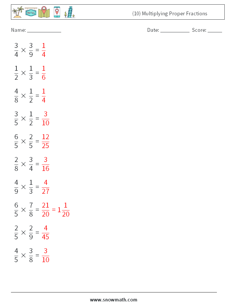 (10) Multiplying Proper Fractions Maths Worksheets 6 Question, Answer