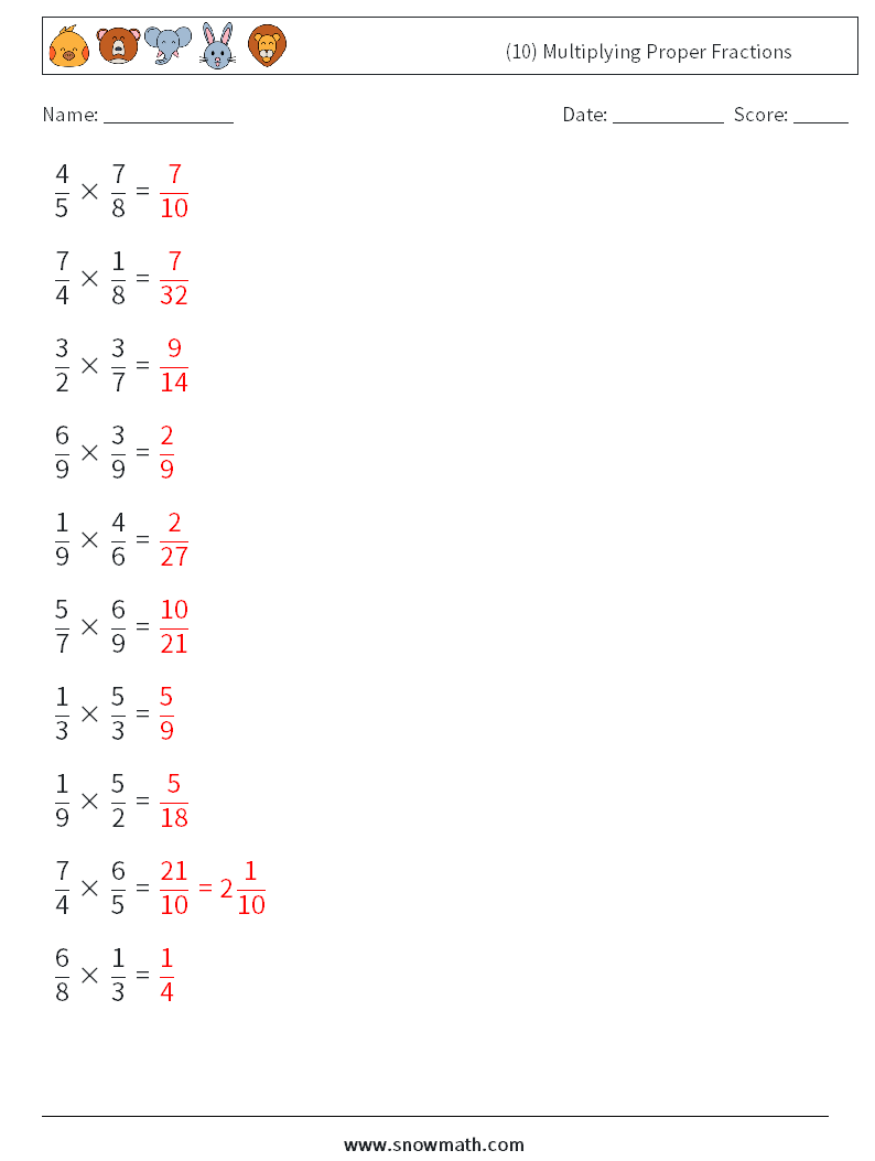 (10) Multiplying Proper Fractions Maths Worksheets 8 Question, Answer