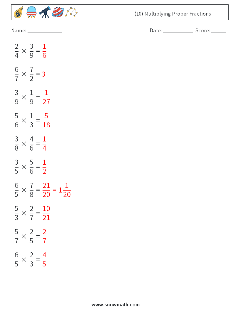 (10) Multiplying Proper Fractions Maths Worksheets 9 Question, Answer