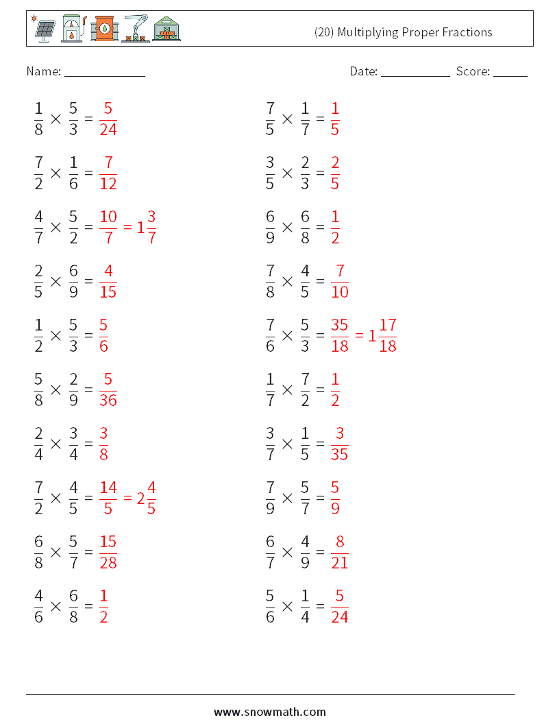 (20) Multiplying Proper Fractions Maths Worksheets 12 Question, Answer