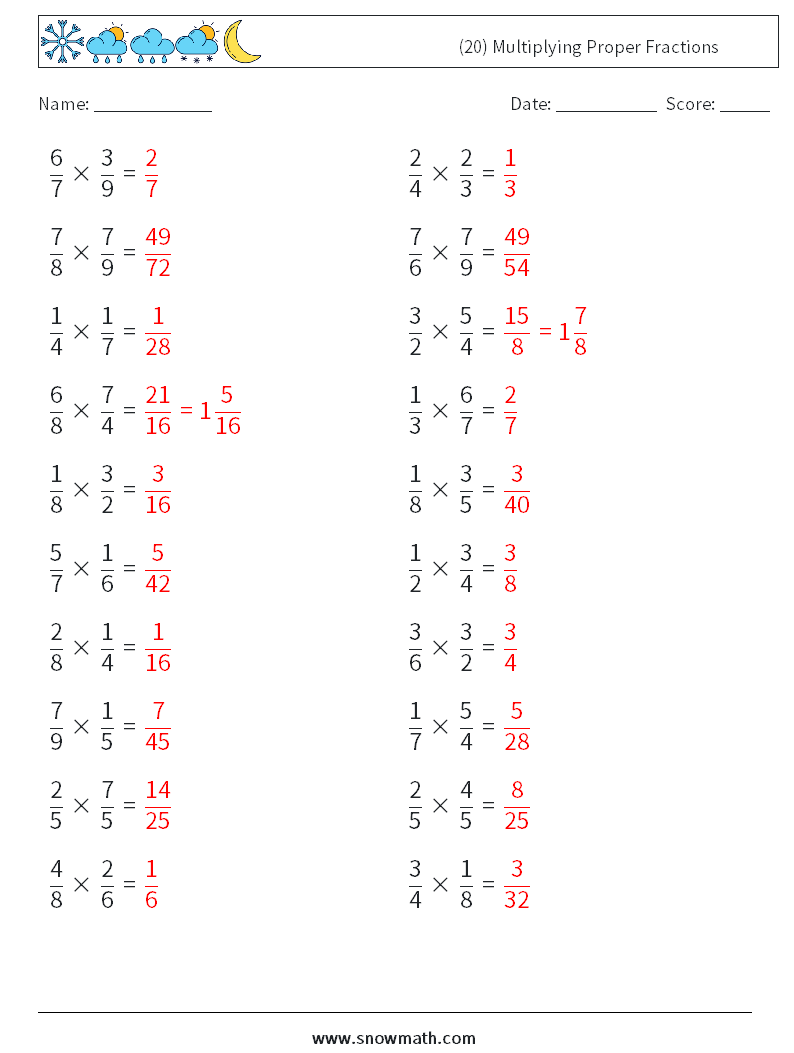 (20) Multiplying Proper Fractions Maths Worksheets 13 Question, Answer