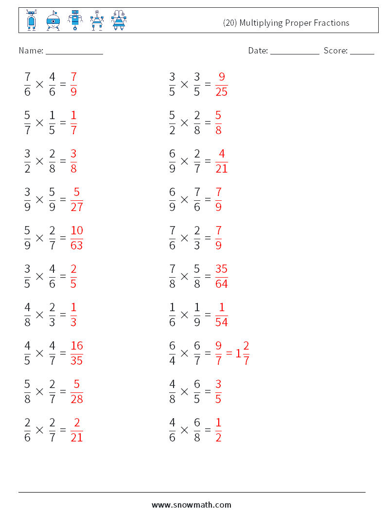 (20) Multiplying Proper Fractions Maths Worksheets 18 Question, Answer