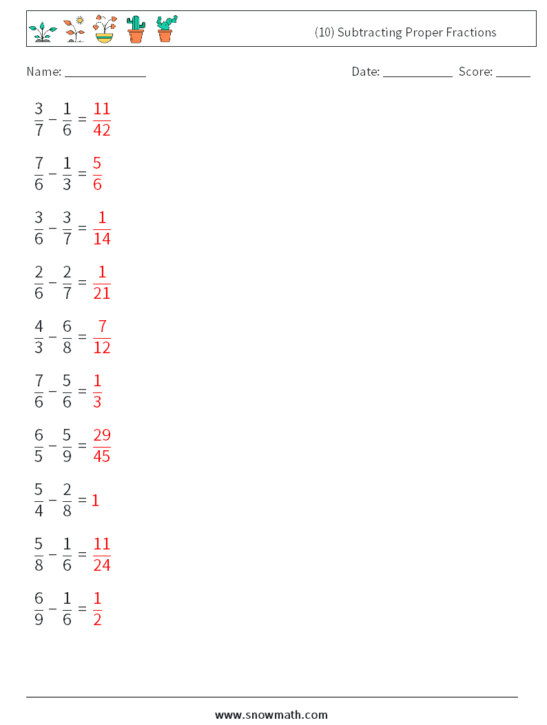 (10) Subtracting Proper Fractions Maths Worksheets 10 Question, Answer