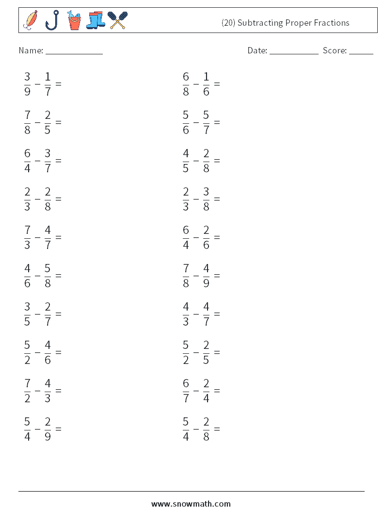 (20) Subtracting Proper Fractions Maths Worksheets 1