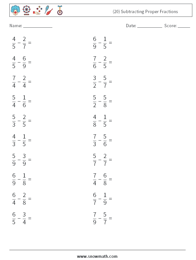(20) Subtracting Proper Fractions Maths Worksheets 12
