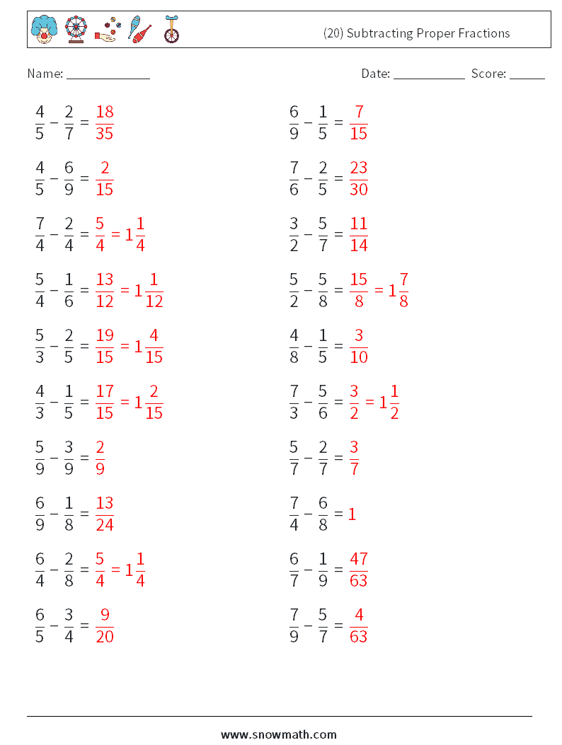 (20) Subtracting Proper Fractions Maths Worksheets 12 Question, Answer