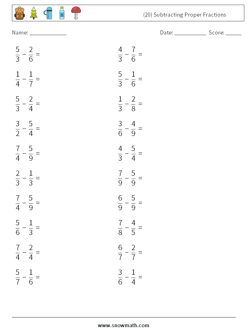 (20) Subtracting Proper Fractions Maths Worksheets 16