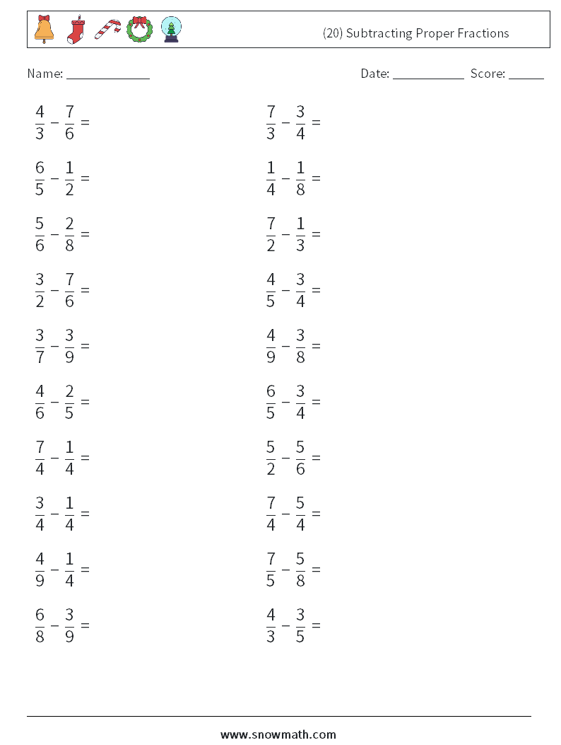 (20) Subtracting Proper Fractions Maths Worksheets 2