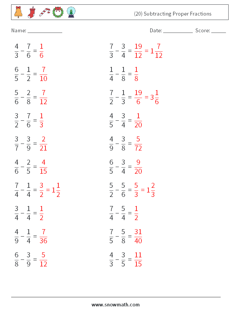 (20) Subtracting Proper Fractions Maths Worksheets 2 Question, Answer