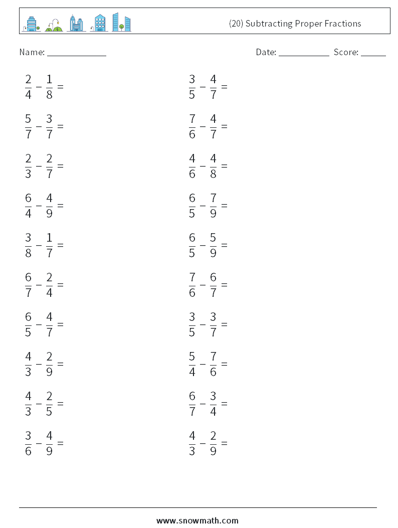 (20) Subtracting Proper Fractions Maths Worksheets 3