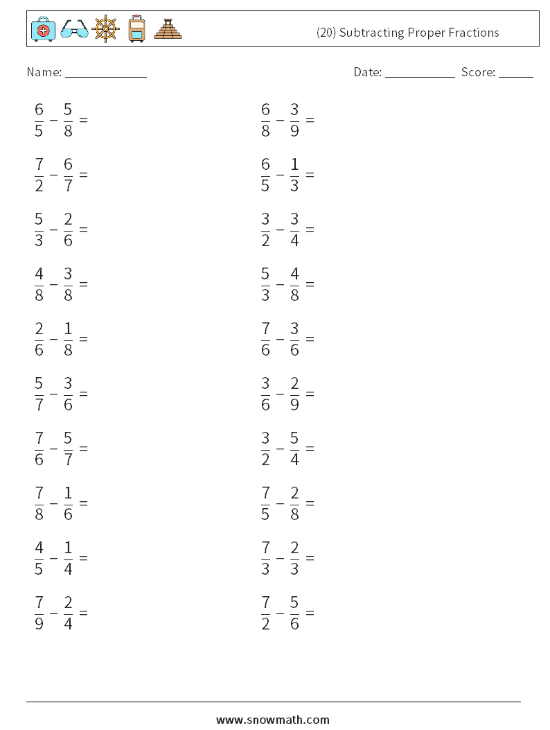 (20) Subtracting Proper Fractions Maths Worksheets 4