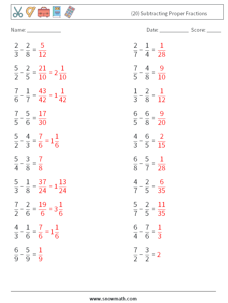 (20) Subtracting Proper Fractions Maths Worksheets 5 Question, Answer