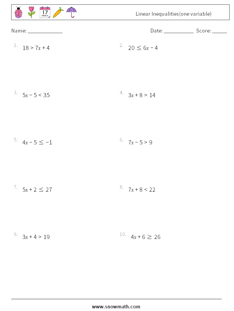 Linear Inequalities(one variable) Maths Worksheets 1