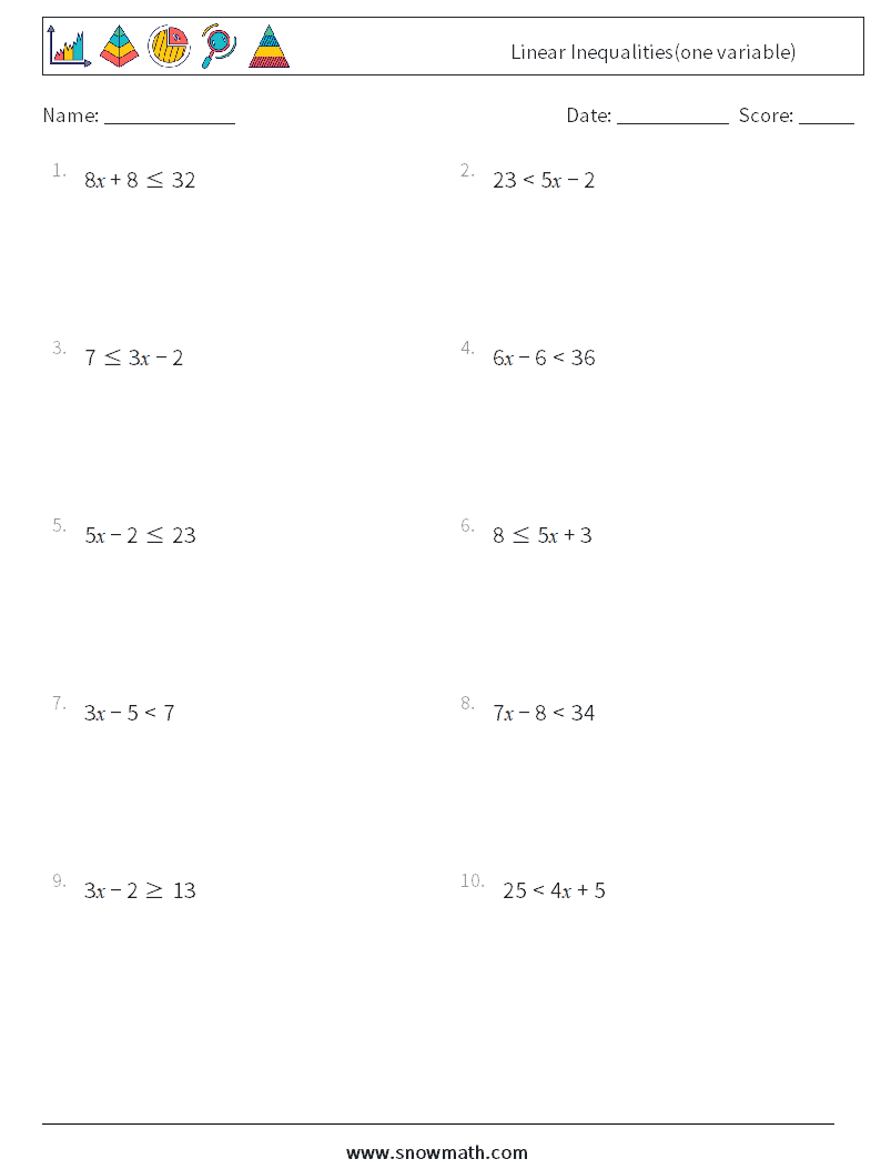 Linear Inequalities(one variable) Maths Worksheets 2