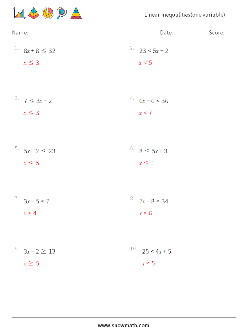 Linear Inequalities(one variable) Maths Worksheets 2 Question, Answer