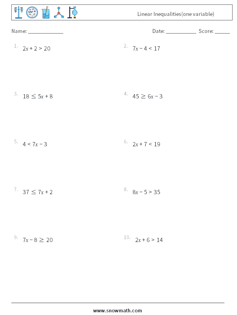 Linear Inequalities(one variable) Maths Worksheets 5