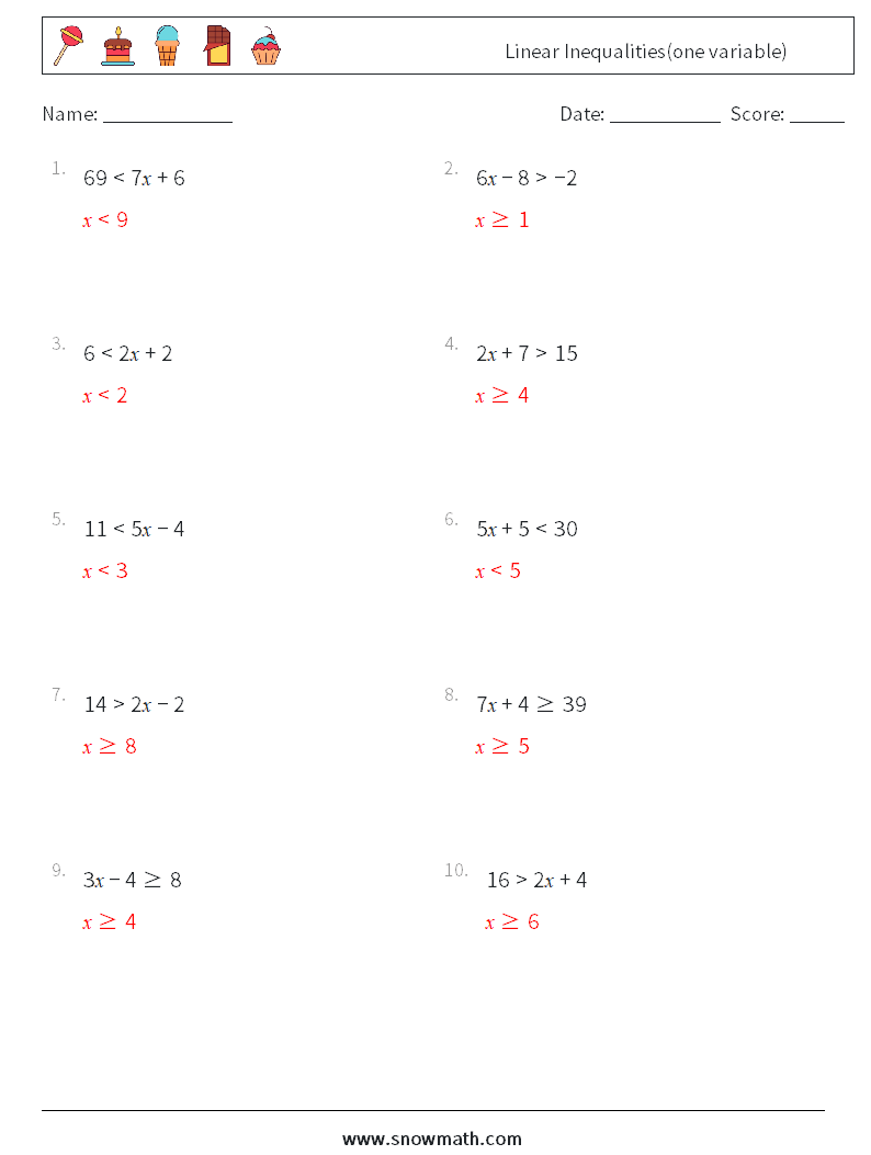 Linear Inequalities(one variable) Maths Worksheets 9 Question, Answer