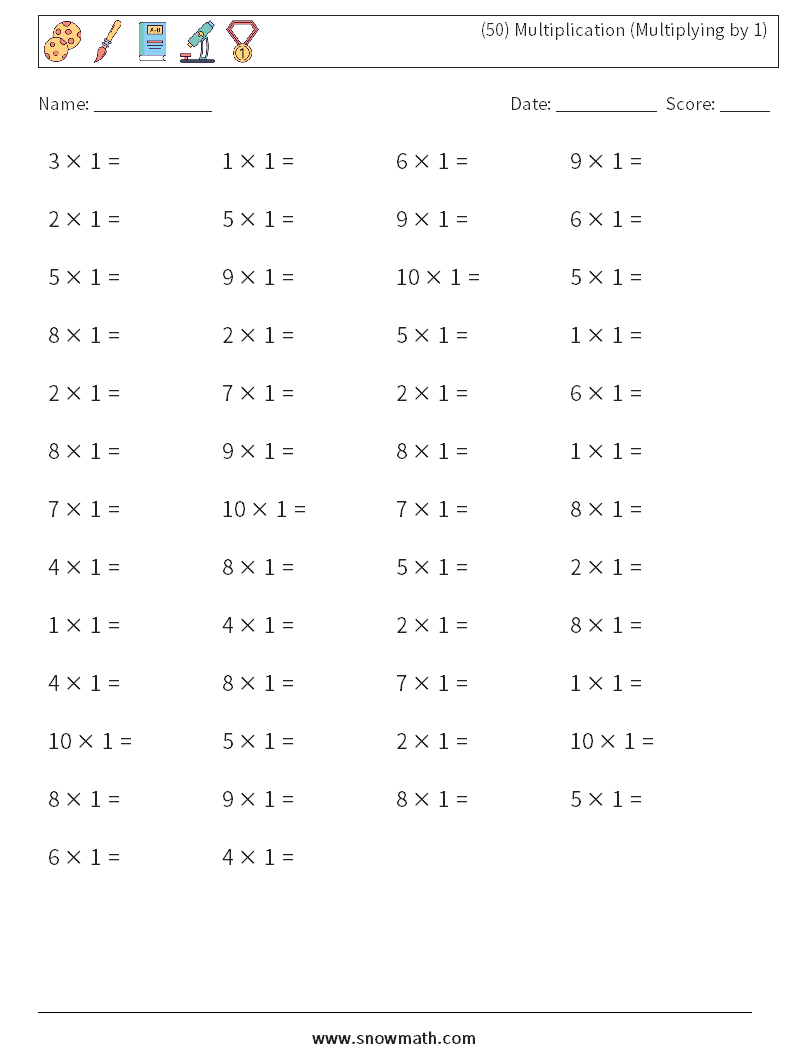 (50) Multiplication (Multiplying by 1) Maths Worksheets 1