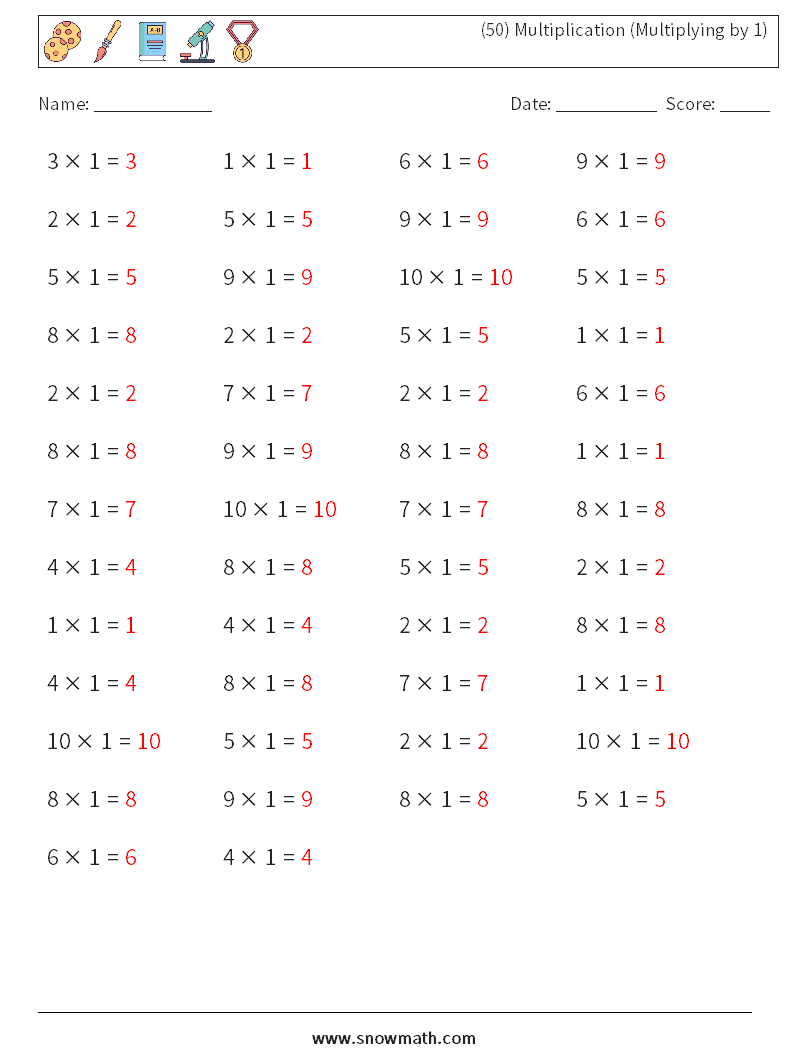 (50) Multiplication (Multiplying by 1) Maths Worksheets 1 Question, Answer