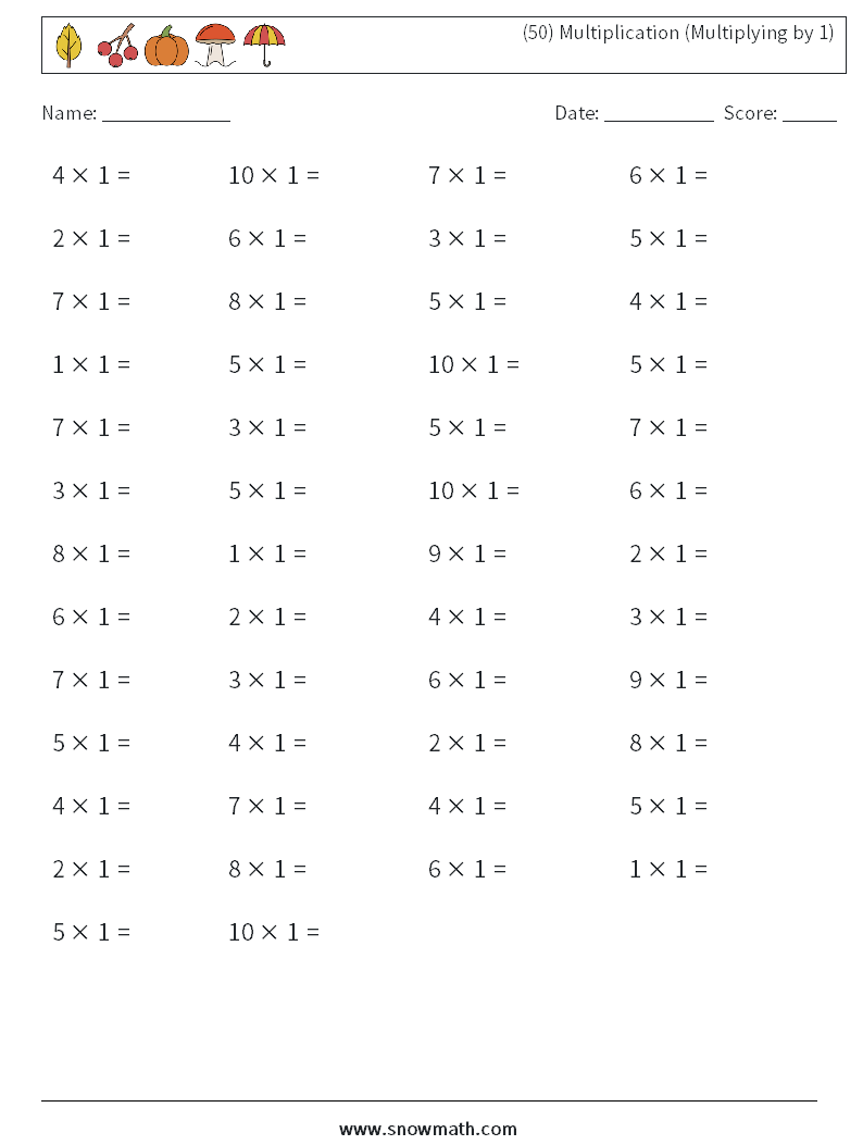 (50) Multiplication (Multiplying by 1) Maths Worksheets 2