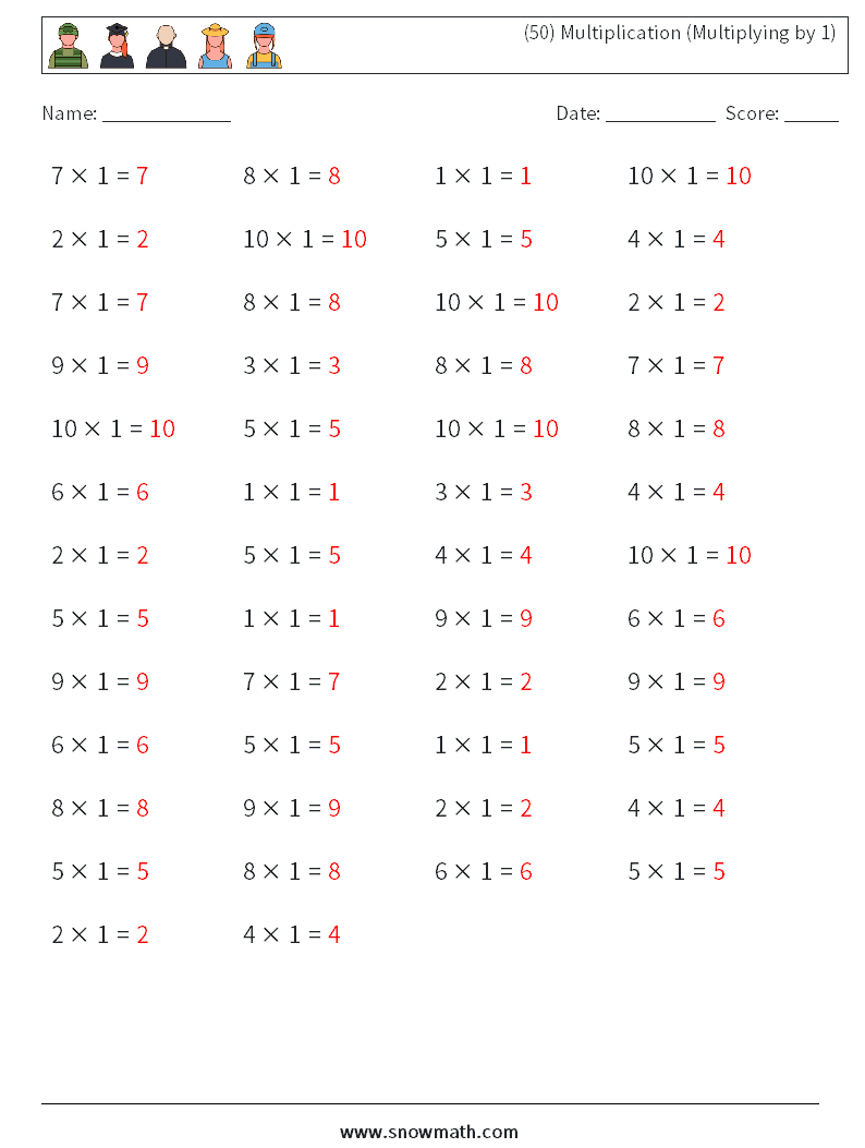 (50) Multiplication (Multiplying by 1) Maths Worksheets 3 Question, Answer