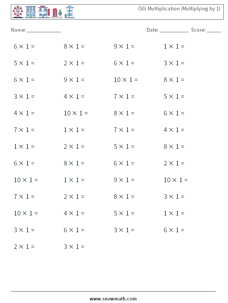 (50) Multiplication (Multiplying by 1) Maths Worksheets 4