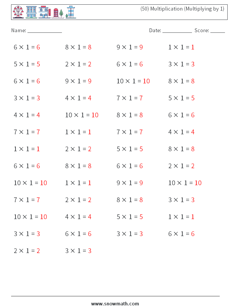 (50) Multiplication (Multiplying by 1) Maths Worksheets 4 Question, Answer