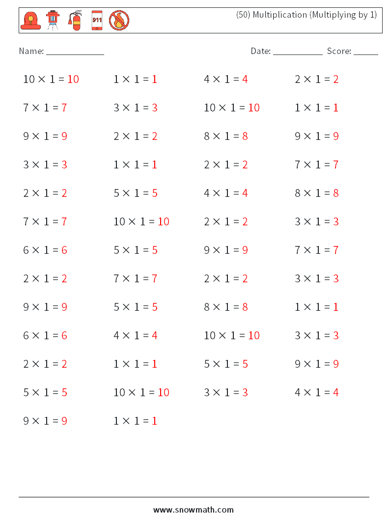(50) Multiplication (Multiplying by 1) Maths Worksheets 5 Question, Answer