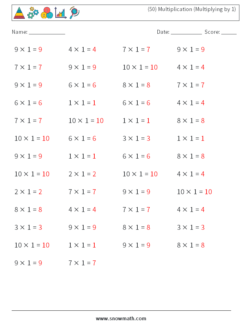 (50) Multiplication (Multiplying by 1) Maths Worksheets 6 Question, Answer