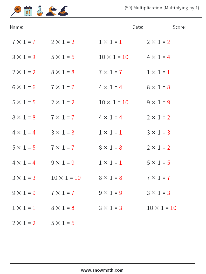(50) Multiplication (Multiplying by 1) Maths Worksheets 7 Question, Answer