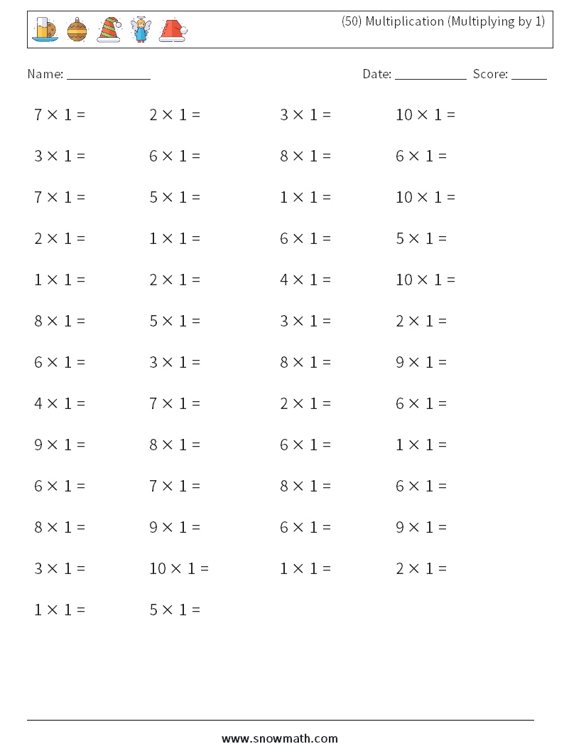 (50) Multiplication (Multiplying by 1) Maths Worksheets 8
